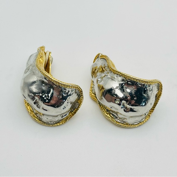 Bold Vintage Mixed Metal Molten Statement Clip Earrings Runway Avant Garde - Picture 8 of 16